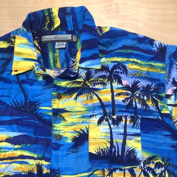 Ocean Current Men’s Hawaiian Shirt Blue & Yellow Size L Palm Tree Print - Picture 4 of 7